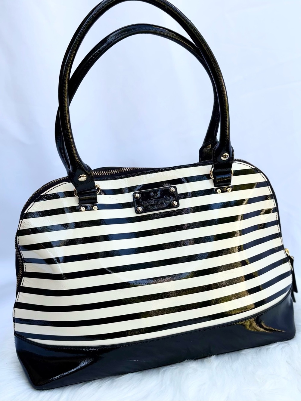kate spade Black and White Striped Patent Leather Satchel